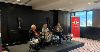"Writer Mario Levi (L), Almudena de Arteaga (C) and Rafael Carpintero (R) deliver their speeches at the Meeting of Iber-American Writers, Istanbul, Türkiye, Oct. 11, 2023. (Courtesy of Cervantes Institute)