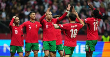 Portugal players celebrate after Bernardo Silva's goal against Poland during the UEFA Nations League Group A1 match, PGE Narodowy, Warsaw, Poland, Oct. 12, 2024. (Reuters Photo)