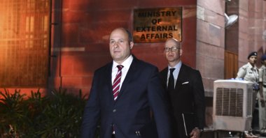 Canada&#039;s Deputy High Commissioner to India Stewart Wheeler, left, leaves after meeting with officials at the Indian government&#039;s Ministry of External Affairs, in New Delhi, India, Monday, Oct. 14, 2024. (AP Photo)