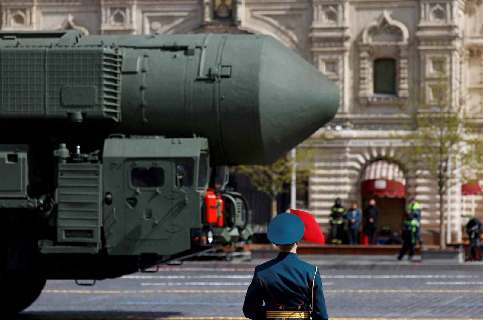 A Russian Yars intercontinental ballistic missile system drives past an honor guard during a military parade on Victory Day, which marks the 77th anniversary of the victory over Nazi Germany in World War II, in Red Square in central Moscow, Russia, May 9, 2022. (Reuters Photo)