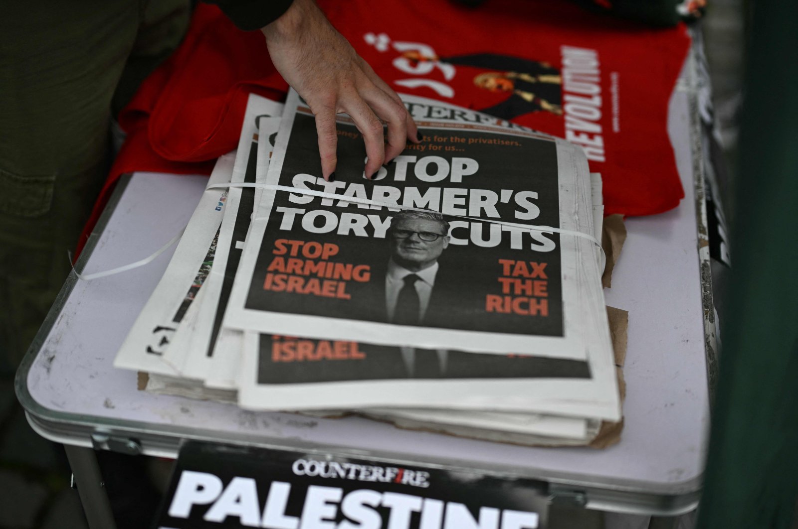 Copies of "Counterfire" are displayed at a stand at the pro-Palestinian "National March to Labour&#039;s Conference: End the Genocide in Gaza – Stop Arming Israel" on the eve of Britain&#039;s Labour Party Conference in Liverpool, U.K., Sept. 21, 2024. (AFP Photo)