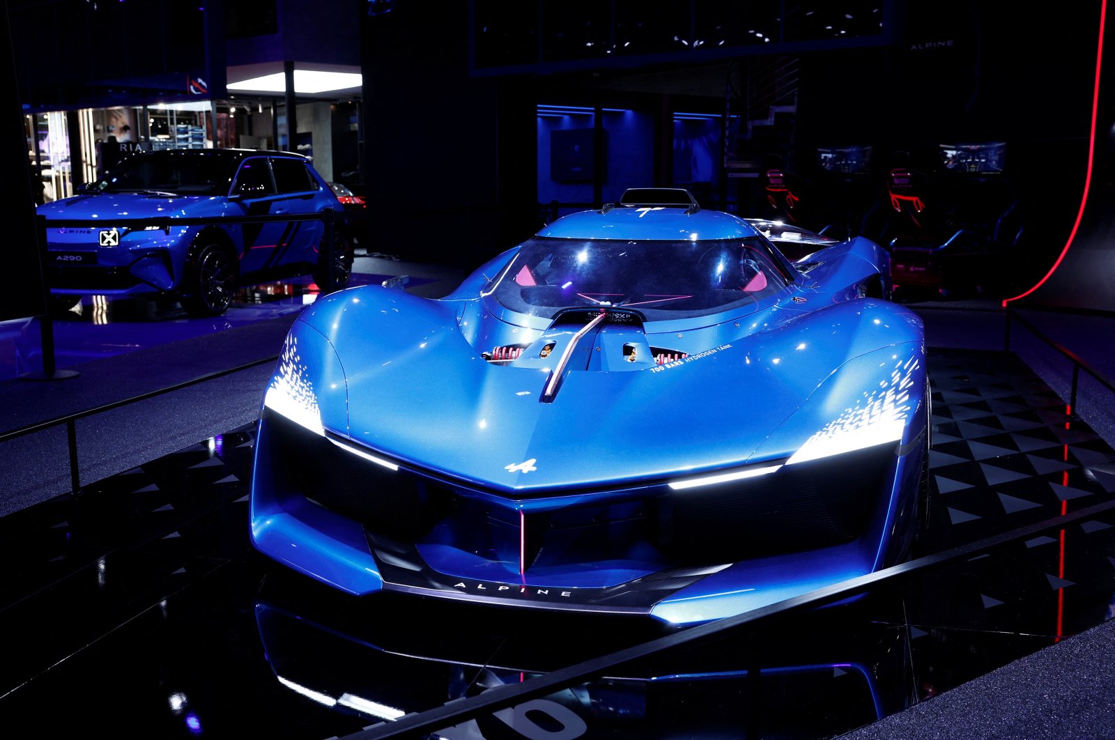 The Alpine Alpenglow Hy6 prototype car is displayed on media day at the 2024 Paris Auto Show, Paris, France, Oct. 14, 2024. (Reuters Photo)