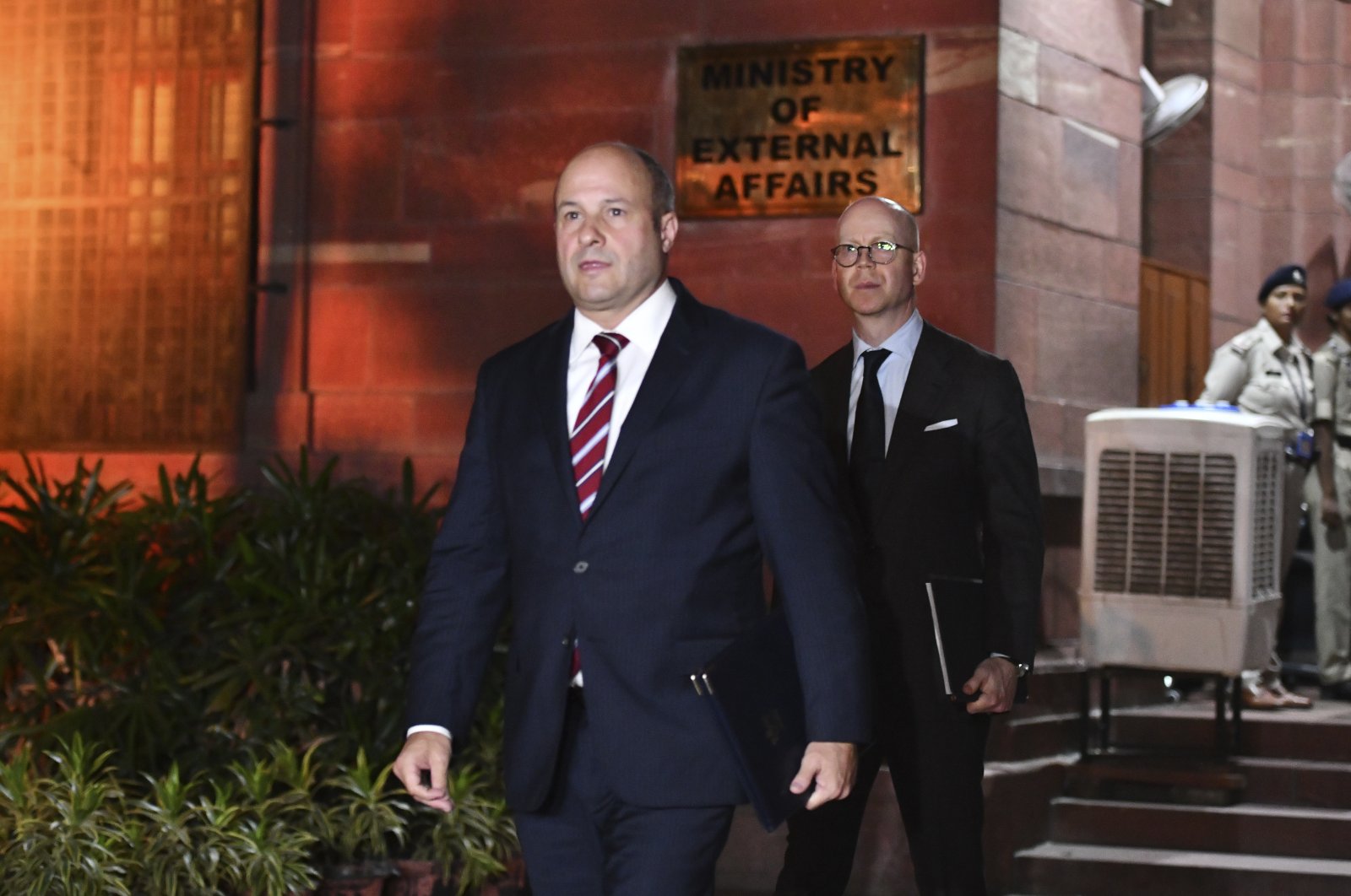 Canada&#039;s Deputy High Commissioner to India Stewart Wheeler, left, leaves after meeting with officials at the Indian government&#039;s Ministry of External Affairs, in New Delhi, India, Monday, Oct. 14, 2024. (AP Photo)