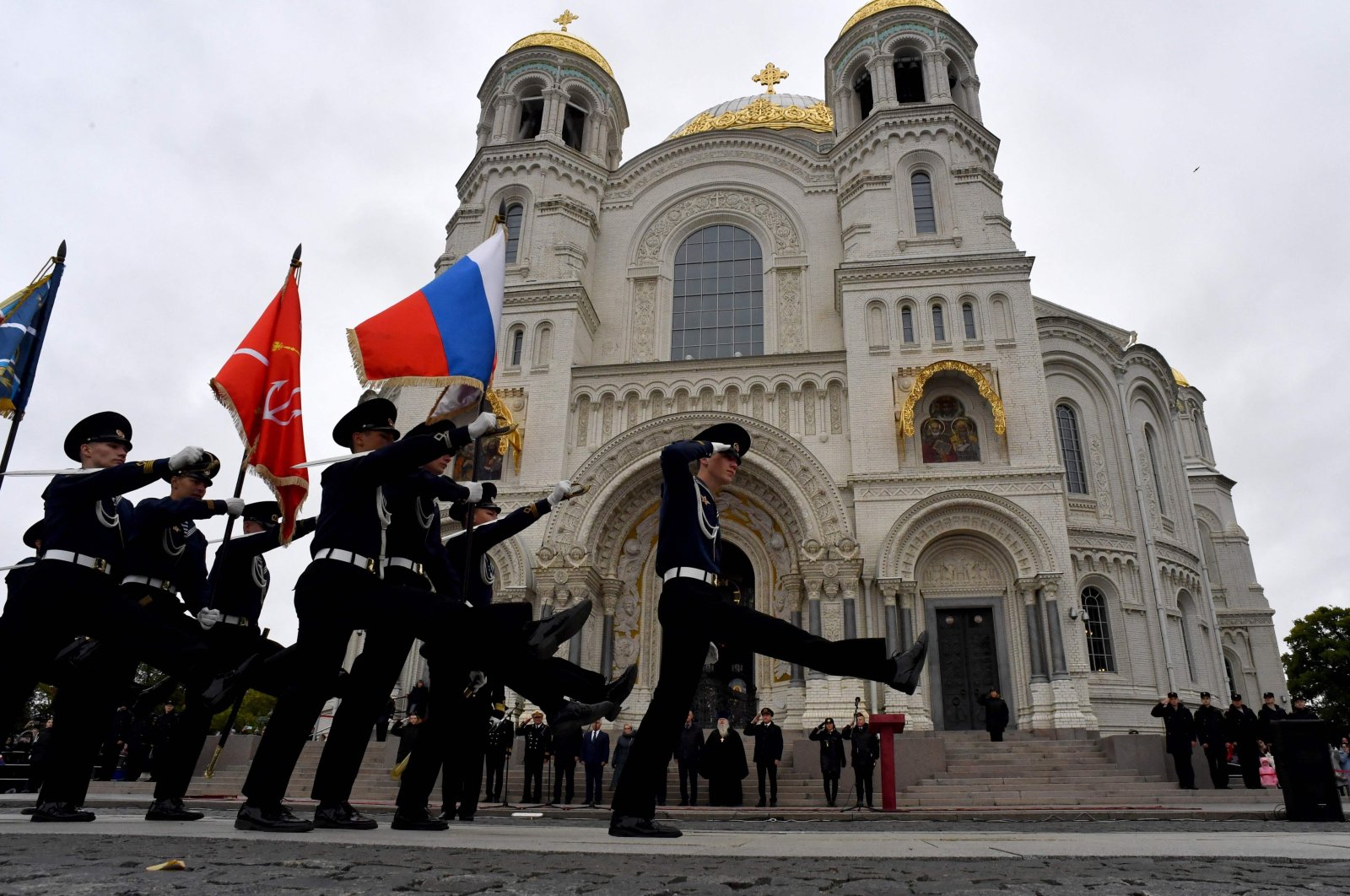 Cadets of the Admiral Senyavin Marine Technical Academy parade during the cadet&#039;s initiation ceremony on Anchor Square in Kronshtadt, Oct. 4, 2024. (AFP Photo)