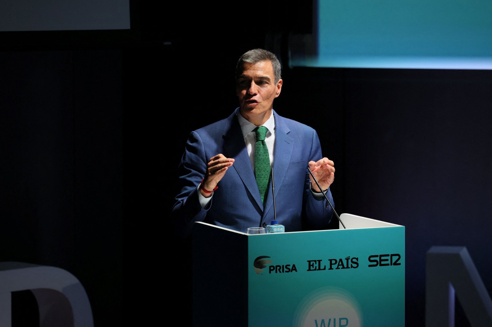 Spain&#039;s Prime Minister Pedro Sanchez speaks during the &#039;World in Progress Barcelona&#039; Forum in Barcelona, Oct. 14, 2024. (AFP Photo)