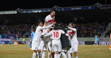Turkish players celebrate a goal during the Nations League match against Iceland, Reykjavik, Iceland, Oct. 14, 2024. (DHA Photo)