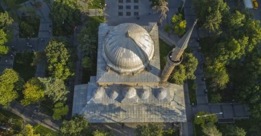 An aerial view of Hacı Ahmet Paşa Mosque, also known as the "Kurşunlu Mosque," Kayseri, Türkiye, Oct. 15, 2024. (DHA Photo)
