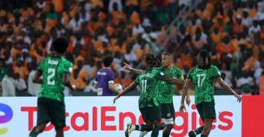 Nigeria&#039;s William Troost-Ekong (2nd L) celebrates with his teammates after scoring his goal during the Africa Cup of Nations final match against Ivory Coast, Olympic Stadium Ebimpe, Abidjan, Ivory Coast, Feb. 11, 2024. (Getty Images Photo)