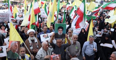 Portraits of late Hezbollah leader Hassan Nasrallah during an anti-Israel rally protest at Palestine Square in Tehran, Iran, Oct. 8, 2024. (EPA Photo)