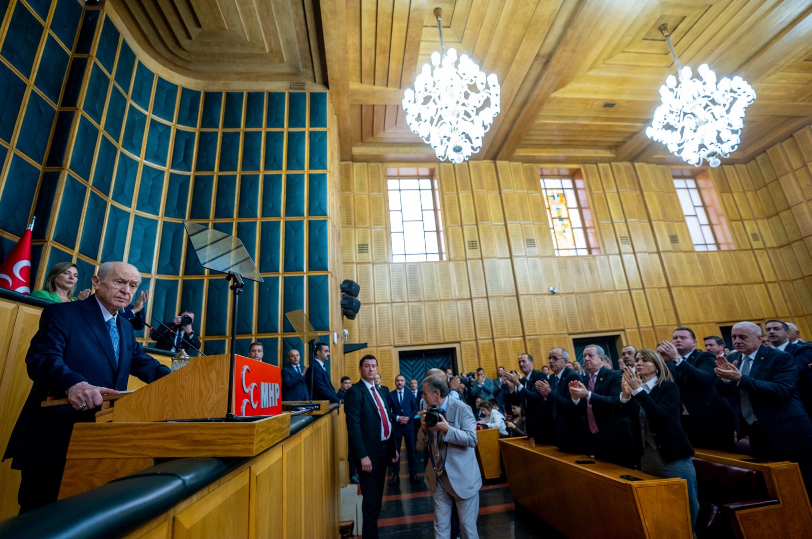 Nationalist Movement Party (MHP) leader Devlet Bahçeli addresses his party&#039;s lawmakers, Ankara, Türkiye, Oct. 15, 2024. (AA Photo)