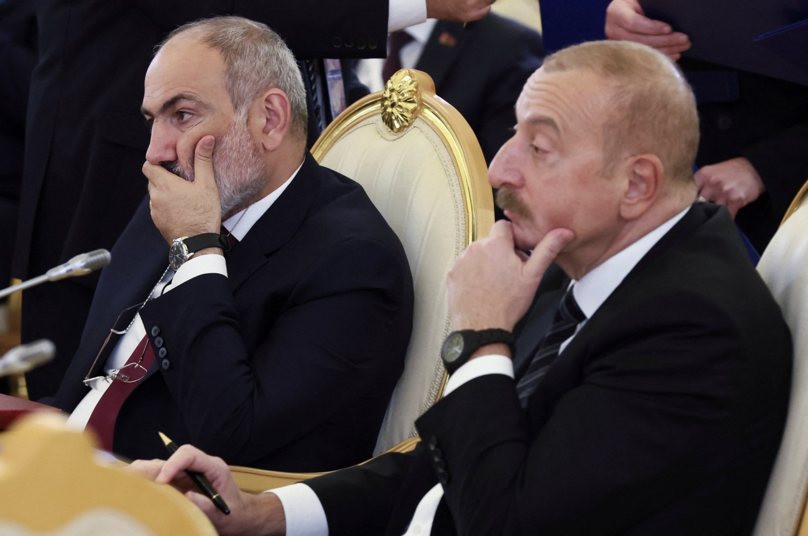 Azerbaijani President Ilham Aliyev (R) and Armenian Prime Minister Nikol Pashinyan attend a summit of leaders of nations that are members of the Commonwealth of Independent States (CIS) at the Kremlin, Moscow, Russia, Oct. 8, 2024. (Reuters Photo)