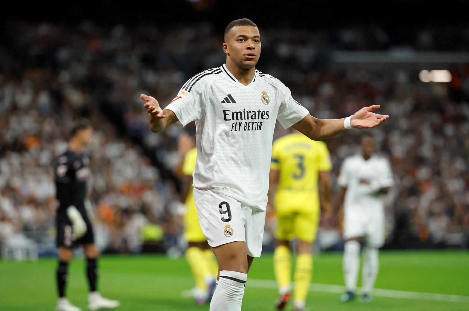 Real Madrid&#039;s Kylian Mbappe reacts during the La Liga football match against Villarreal at the Santiago Bernabeu stadium, Madrid, Spain, Oct. 5, 2024. (AFP Photo)