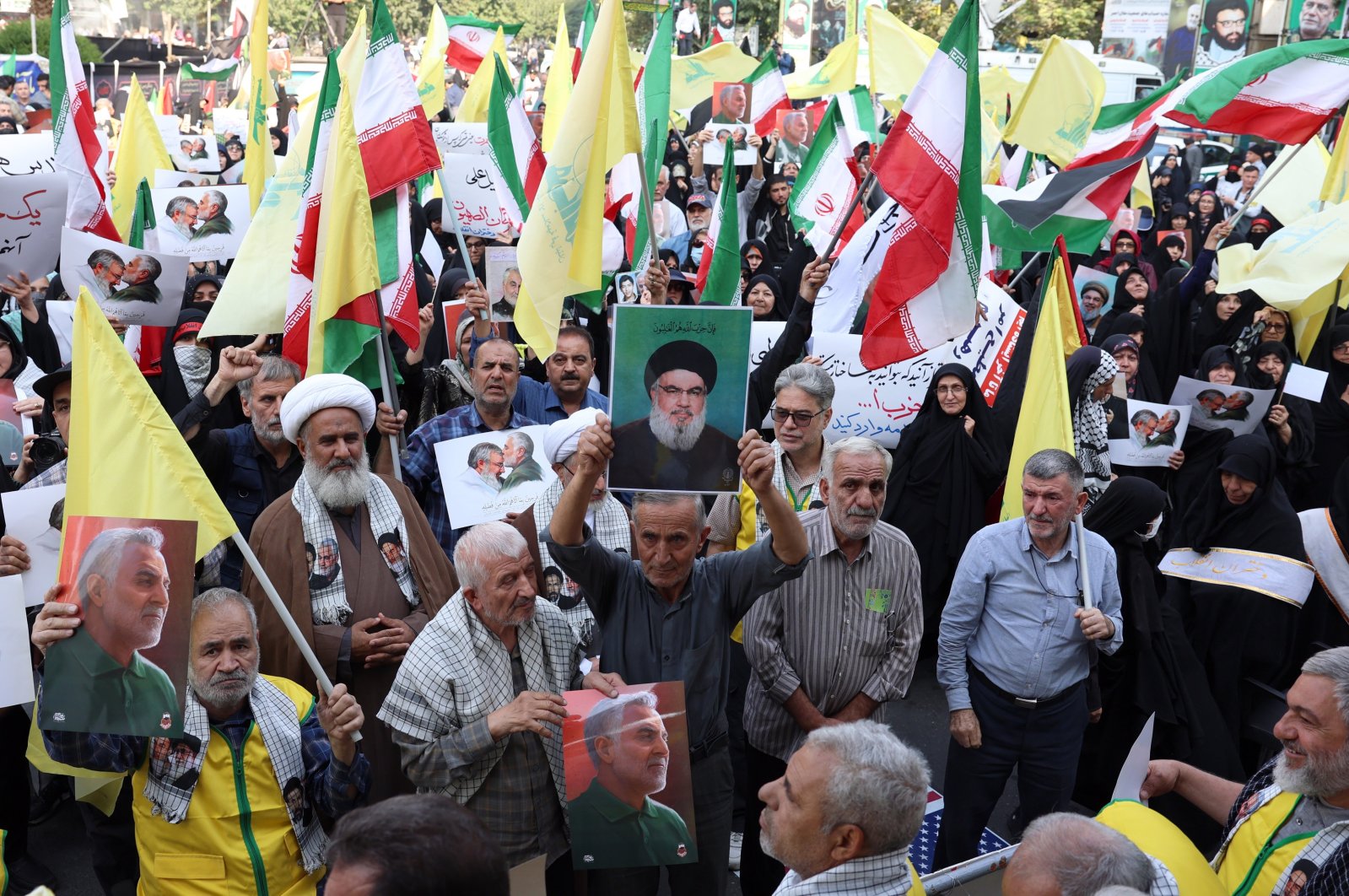 Portraits of late Hezbollah leader Hassan Nasrallah during an anti-Israel rally protest at Palestine Square in Tehran, Iran, Oct. 8, 2024. (EPA Photo)