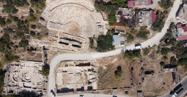 An aerial view of the Elaiussa Sebasta ruins showcase some ancient structures in Mersin, southern Türkiye, Oct. 15, 2024. (IHA Photo)