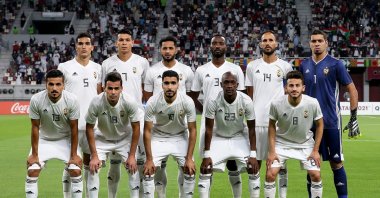 The Libya players pose for a team photo ahead of the FIFA Arab Cup Qatar 2021 Qualifiers match between Libya and Sudan at Khalifa International Stadium, Doha, Qatar, June 19, 2021. (Getty Images Photo)