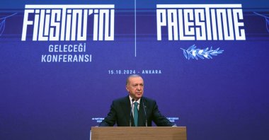 President Recep Tayyip Erdoğan gives a speech at the Conference on the Future of Palestine organized by the Presidency of Foreign Relations and Human Rights Departments at the AK Party Conference Hall, Ankara, Türkiye, Oct. 15, 2024. (AA Photo)