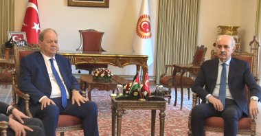 Parliament Speaker Numan Kurtulmuş (R) meets Palestinian National Council President Rawhi Fattouh, in the capital Ankara, Türkiye, Oct. 16, 2024. (DHA Photo)