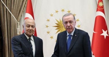 President Recep Tayyip Erdoğan and the Secretary-General of the Arab League Ahmed Aboul Gheit shake hands at the Presidential Complex in Ankara, Oct. 16, 2024. (DHA Photo)