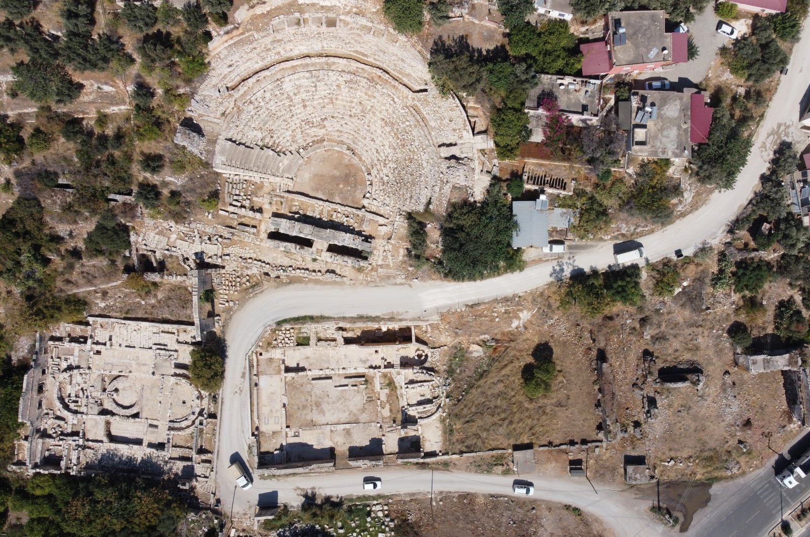 An aerial view of the Elaiussa Sebasta ruins showcase some ancient structures in Mersin, southern Türkiye, Oct. 15, 2024. (IHA Photo)