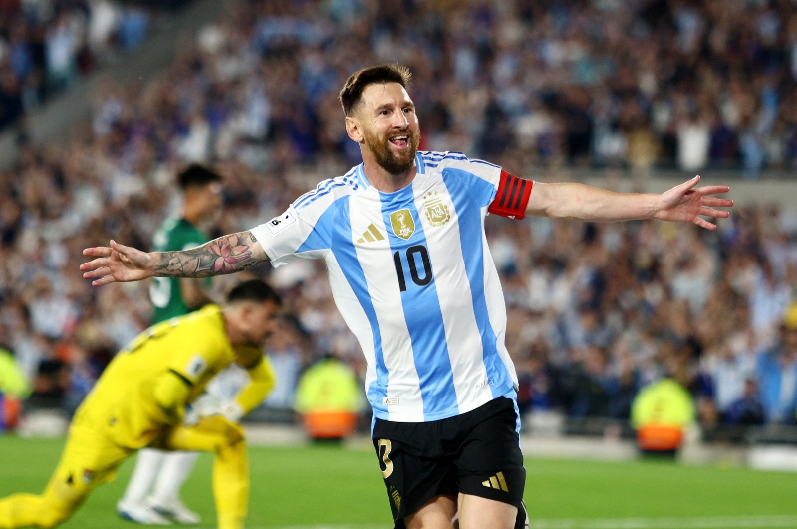 Argentina&#039;s Lionel Messi celebrates scoring a goal during the World Cup Qualifiers match against Bolivia at the Estadio Mas Monumental, Buenos Aires, Argentina, Oct. 15, 2024. (Reuters Photo)