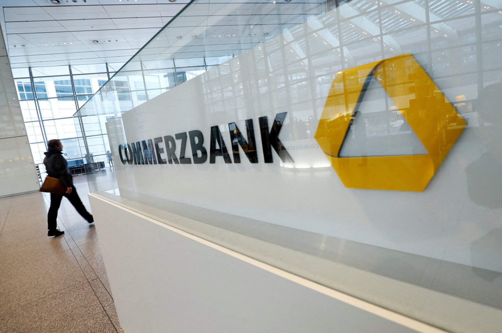 A company logo is pictured at the headquarters of Germany&#039;s Commerzbank AG during the annual results news conference, Frankfurt, Germany, Feb. 13, 2020. (Reuters Photo)