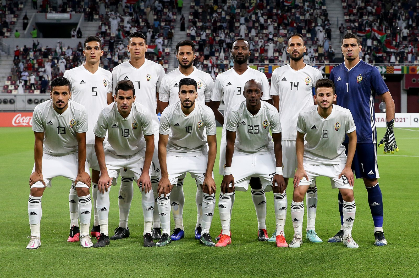 The Libya players pose for a team photo ahead of the FIFA Arab Cup Qatar 2021 Qualifiers match between Libya and Sudan at Khalifa International Stadium, Doha, Qatar, June 19, 2021. (Getty Images Photo)