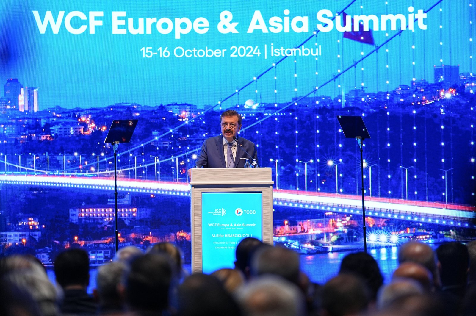 Rifat Hisarcıklıoğlu, the head of Türkiye&#039;s Union of Chambers and Commodity Exchanges (TOBB) and president of WCF, delivers a speech at the WCF Europe &amp; Asia Summit, Istanbul, Türkiye, Oct. 15, 2024. (AA Photo)