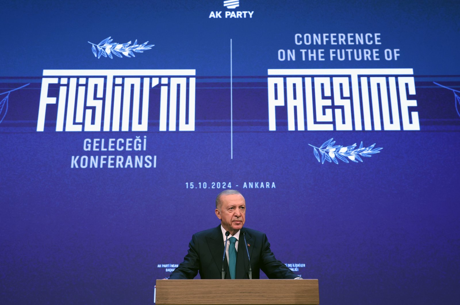 President Recep Tayyip Erdoğan gives a speech at the Conference on the Future of Palestine organized by the Presidency of Foreign Relations and Human Rights Departments at the AK Party Conference Hall, Ankara, Türkiye, Oct. 15., 2024. (AA Photo)