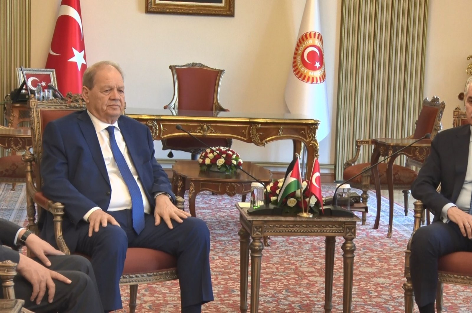 Parliament Speaker Numan Kurtulmuş (R) meets Palestinian National Council President Rawhi Fattouh, in the capital Ankara, Türkiye, Oct. 16, 2024. (DHA Photo)