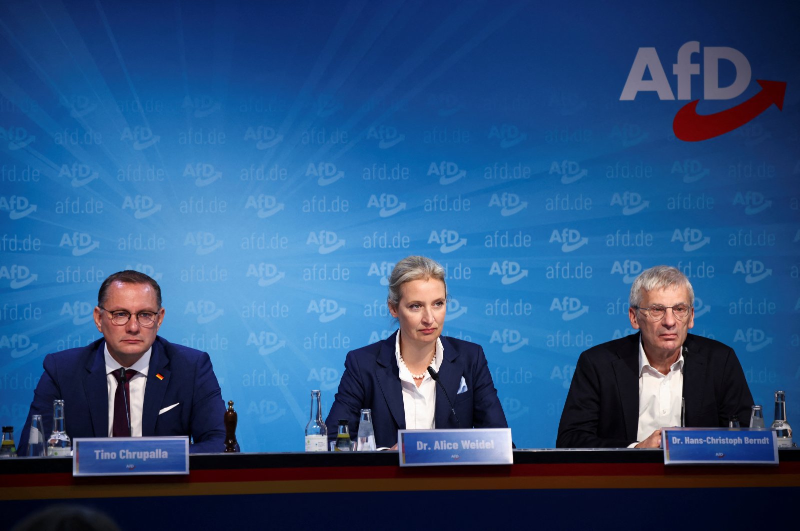 
Germany&#039;s Alternative for Germany (AfD) party co-leaders Alice Weidel and Tino Chrupalla, and AfD top candidate for the Brandenburg election Hans-Christoph Berndt attend a press conference after the Brandenburg elections in Berlin, Germany, Sept. 23, 2024. (Reuters File Photo)