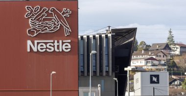 A logo of food giant Nestle is seen in a building in Orbe, Switzerland, Feb. 9, 2024. (Reuters Photo)