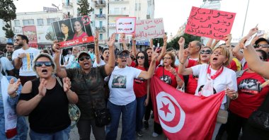 People take part in a protest against Tunisian President Kais Saied, organized by members of civil society groups and opposition parties, Tunis, Tunisia, Oct. 4, 2024. (EPA Photo)
