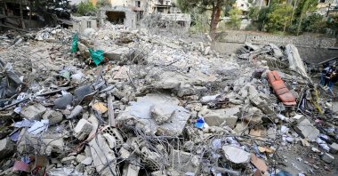 The rubble of a destroyed building is piled up a day after Israeli airstrikes targeted Nabatieh, southern Lebanon, Oct. 17, 2024. (AFP Photo)