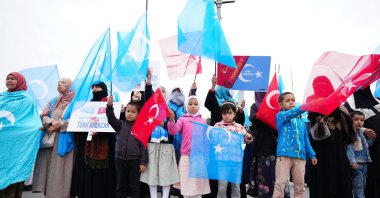 Demonstrators of Uyghur descent protest China&#039;s Xinjiang policies in a rally in Istanbul, Türkiye, Oct. 1, 2024. (AA Photo)