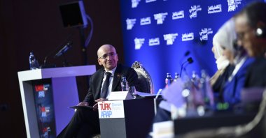Treasury and Finance Minister Mehmet Şimşek delivers a speech at the 15th Turkish-Arab Economic Forum (TAF 2024), Istanbul, Türkiye, Oct. 17, 2024. (AA Photo)