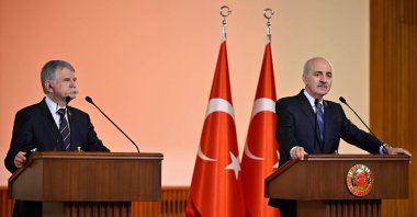 Parliament Speaker Numan Kurtulmuş (R) holds a news conference with National Assembly of Hungary Speaker Laszlo Köver, Ankara, Türkiye, Oct. 17, 2024. (AA Photo)