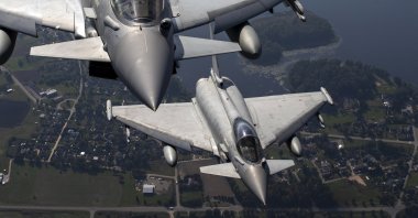 Italian Air Force Eurofighter Typhoon military fighter jets participate in NATO's Baltic Air Policing Mission in Lithuanian airspace, Sept.12, 2023. (AP File Photo)