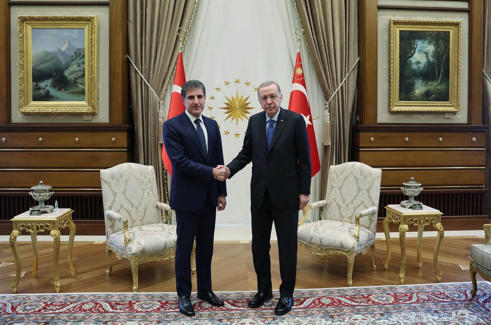 This handout photograph taken and released on Oct. 16, 2024, by the Turkish Presidency Press Office shows President Recep Tayyip Erdoğan meeting with Kurdistan Regional Government President Nechirvan Barzani (L) at the Presidential Complex, Ankara, Türkiye (AFP Photo)