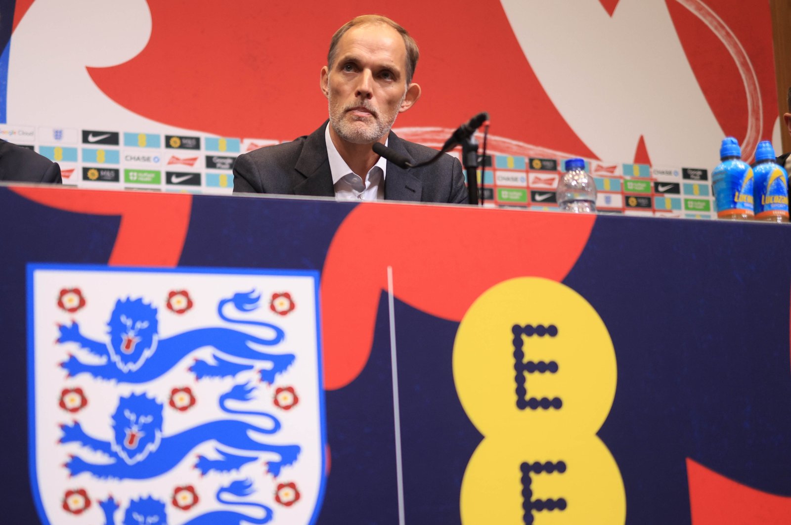 The latest head coach of the England national men&#039;s team, Thomas Tuchel, speaks at a media briefing at Wembley Stadium, London, U.K., Oct. 16, 2024. (EPA Photo)