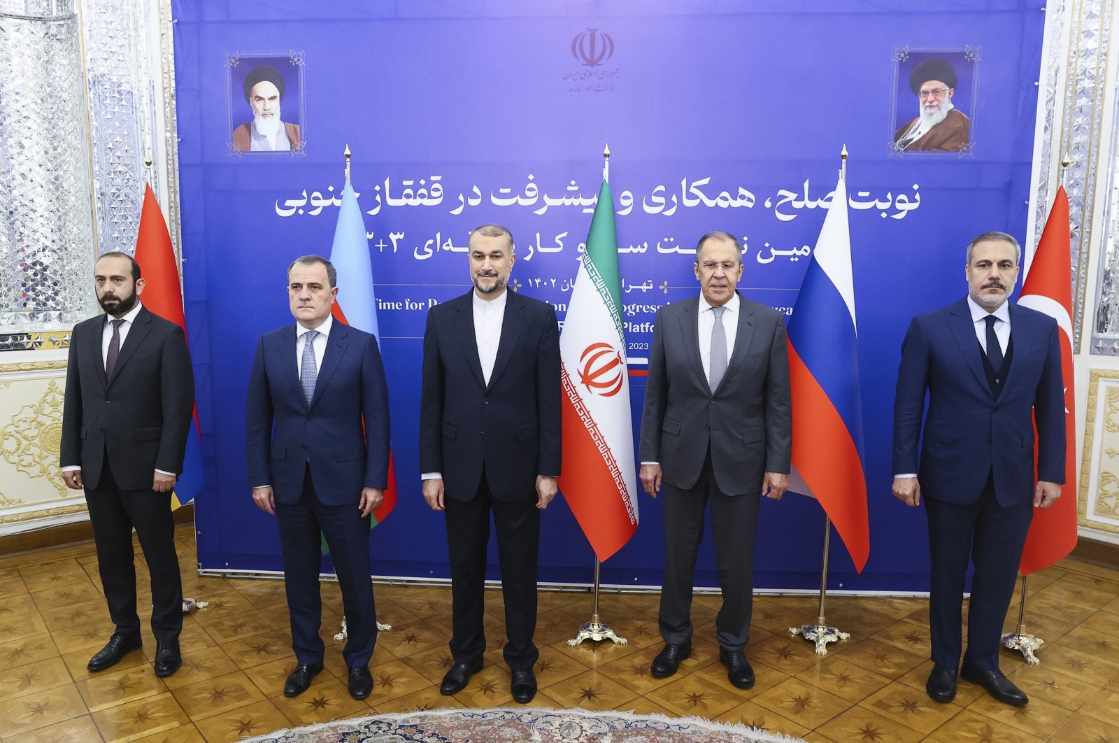 From left to the right, Armenian Foreign Minister Ararat Mirzoyan, Azerbaijani Foreign Minister Jeyhun Aziz, the late Iranian Foreign Minister Hossein Amirabdollahian, Russian Foreign Minister Sergey Lavrov and Foreign Minister Hakan Fidan pose for a photo during their meeting in Tehran, Iran, Oct. 23, 2023. (AP Photo)