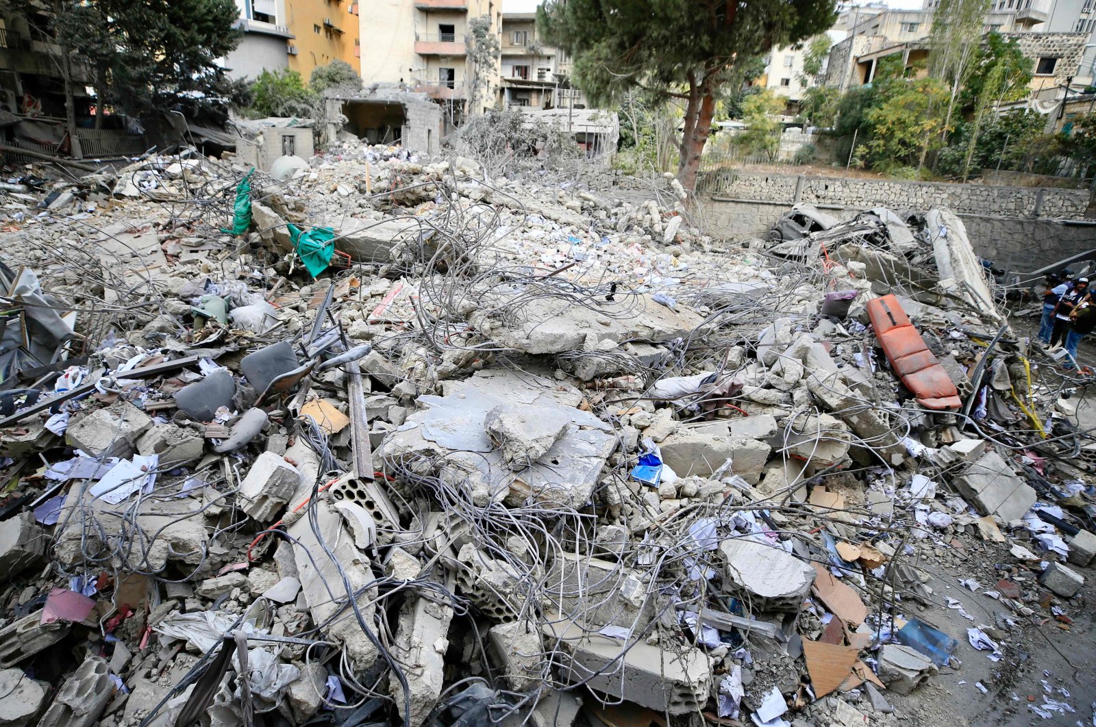 The rubble of a destroyed building is piled up a day after Israeli airstrikes targeted Nabatieh, southern Lebanon, Oct. 17, 2024. (AFP Photo)