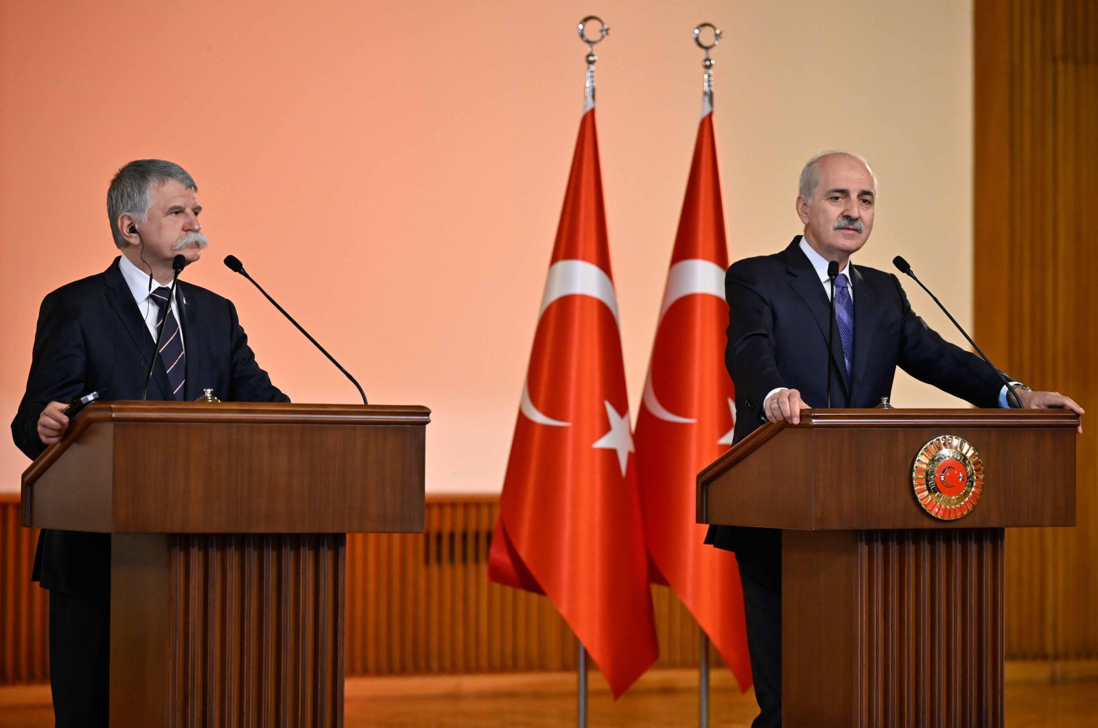 Parliament Speaker Numan Kurtulmuş (R) holds a news conference with National Assembly of Hungary Speaker Laszlo Köver, Ankara, Türkiye, Oct. 17, 2024. (AA Photo)