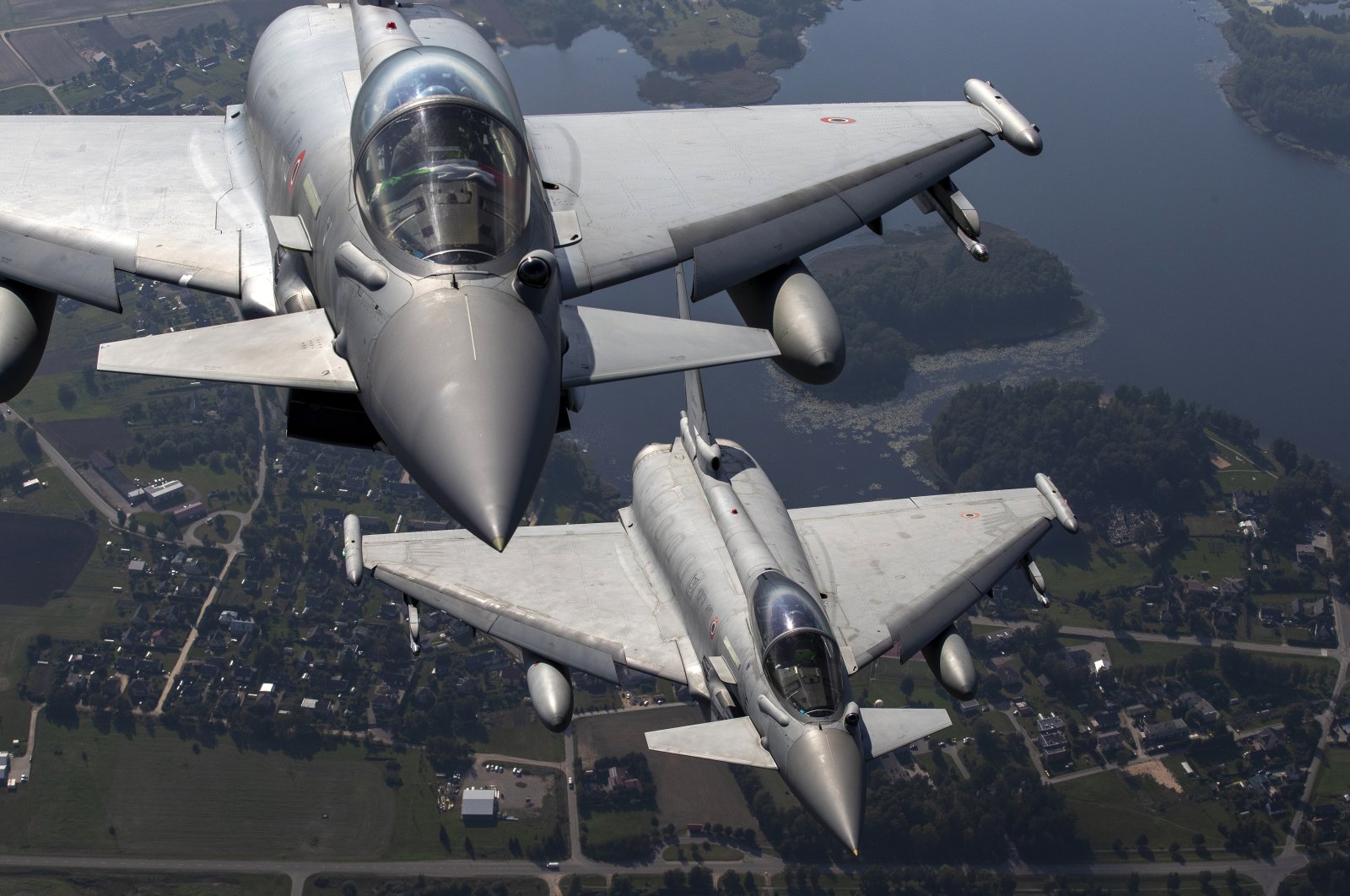 Italian Air Force Eurofighter Typhoon military fighter jets participate in NATO&#039;s Baltic Air Policing Mission in Lithuanian airspace, Sept.12, 2023. (AP File Photo)