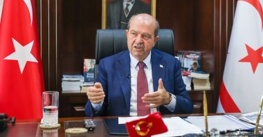 Turkish Republic of Northern Cyprus (TRNC) President Ersin Tatar, is interviewed at his office in the TRNC, Lefkoşa (Nicosia), Oct. 7, 2024. (AA Photo)