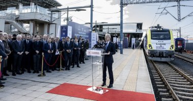 Transport and Infrastructure Minister Abdulkadir Uraloğlu speaks during a ceremonial send-off at a station, Istanbul, Türkiye, Oct. 18, 2024. (AA Photo)
