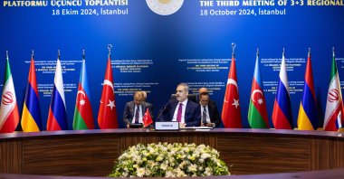 Foreign Minister Hakan Fidan (Center) attends the 3 3 South Caucasus Regional Cooperation Platform with foreign ministers of Iran, Azerbaijan, Russia and Armenia in Istanbul. (Photo by Foreign Ministery Press Service via AFP) 