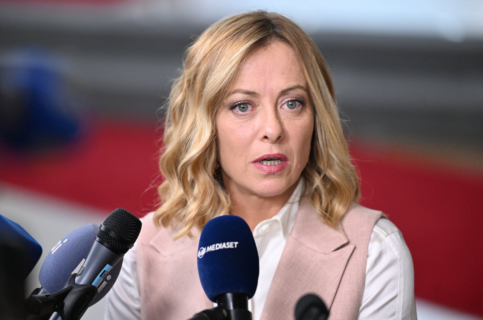 Italian Prime Minister Giorgia Meloni speaks at an event in Brussels, Belgium, Oct. 16, 2024. (AA Photo)