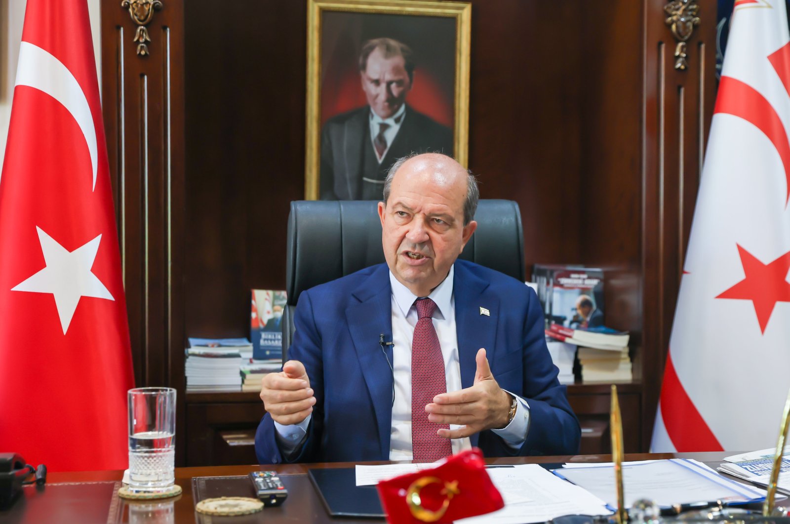 Turkish Republic of Northern Cyprus (TRNC) President Ersin Tatar, is interviewed at his office in the TRNC, Lefkoşa (Nicosia), Oct. 7, 2024. (AA Photo)