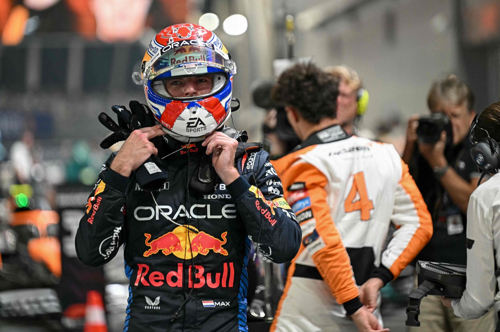 Red Bull Racing&#039;s Dutch driver Max Verstappen, who got second position, takes his helmet off after the qualifying session ahead of the Formula One Singapore Grand Prix night race at the Marina Bay Street Circuit, Singapore, Sept. 21, 2024. (AFP Photo)