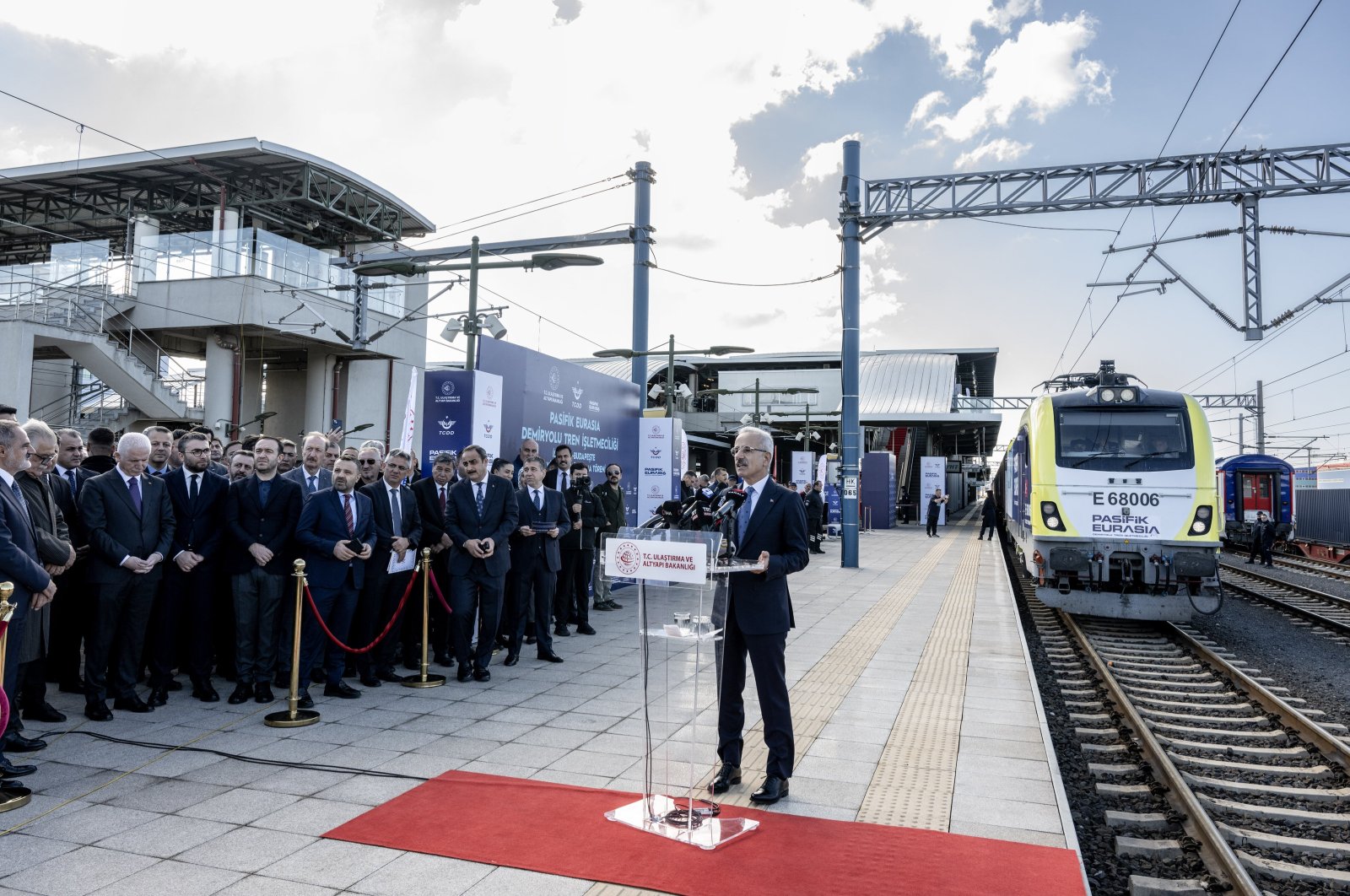 Transport and Infrastructure Minister Abdulkadir Uraloğlu speaks during a ceremonial send-off at a station, Istanbul, Türkiye, Oct. 18, 2024. (AA Photo)